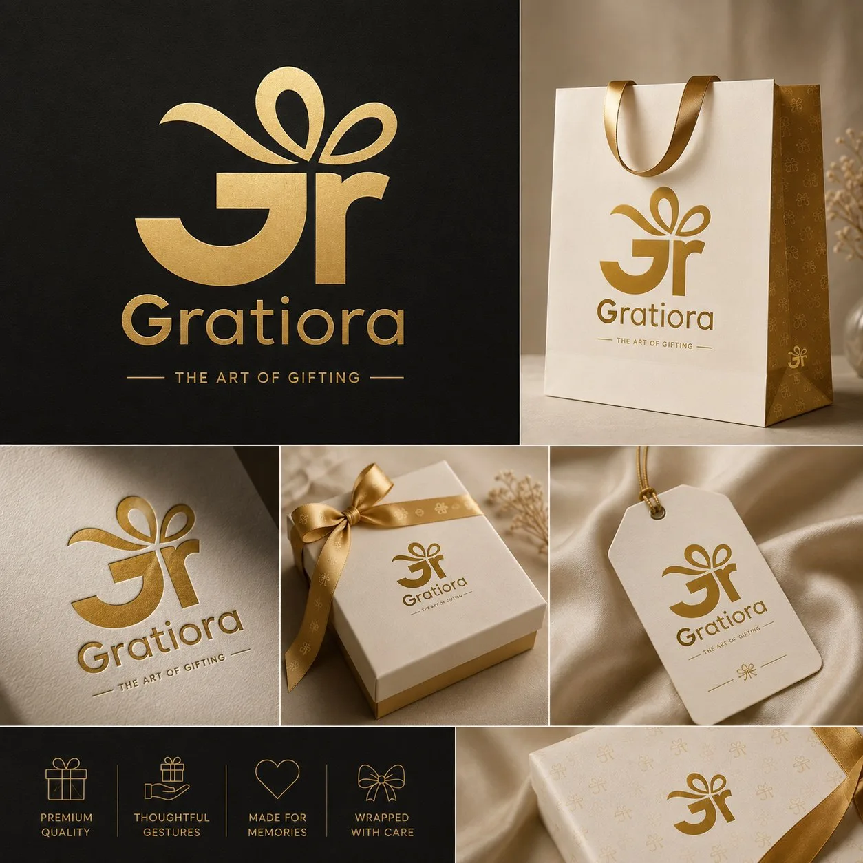 Gratiora brand packaging — bag, box and monogram